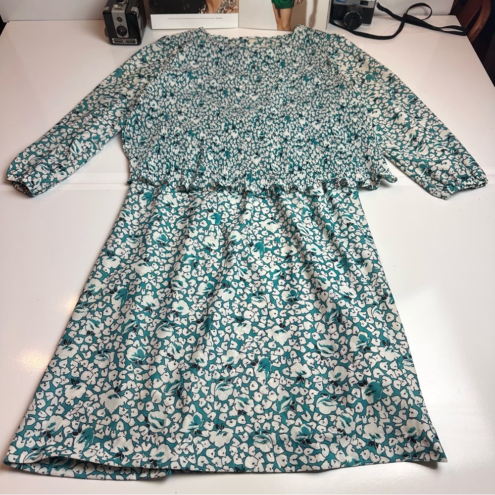 Smocked Floral Midi Dress Teal Green Long Sleeve Y2K Boho Cottagecore